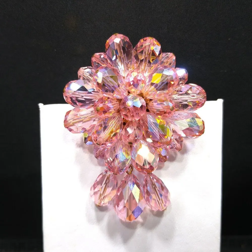 Pink Aurora Borealis Beaded Brooch, Three Bead Dangles, 1960s Vintage Jewelry